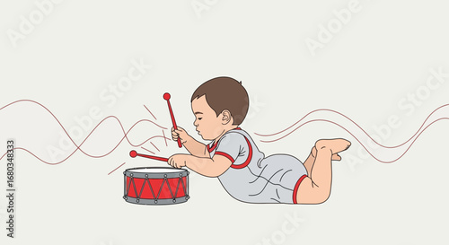 Adorable Ilustrative Young Child Playing Drums, Capturing Joyful Artistic Moments