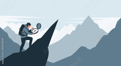 Adventurer on a Mountain Peak Navigating with a Compass in Vector Illustration