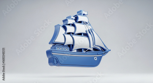 Illustration of a blue and white sailboat tall ship vessel sailing ship with sails for maritime adventure