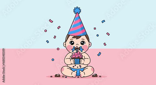 Adorable Infant Celebrating With Cupcake Party Hat On Pink And Blue Background