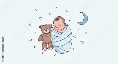 Adorable illustration of a sleeping baby with a teddy bear and a gentle night sky