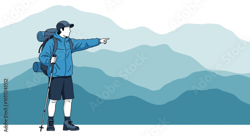 Adventurer Pointing Forward At Impressive Mountain Range Under A Serene Sky