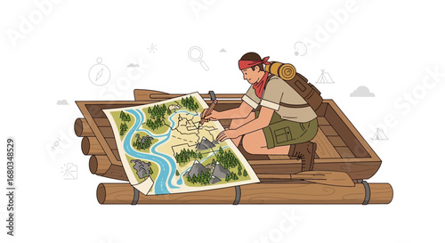 Adventurer Planning a Voyage on a Raft, Charting a Waterway Route with Map and Pencil
