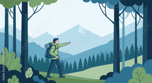 Adventurer Points Towards Majestic Mountains, Embarking on a Journey Through Nature