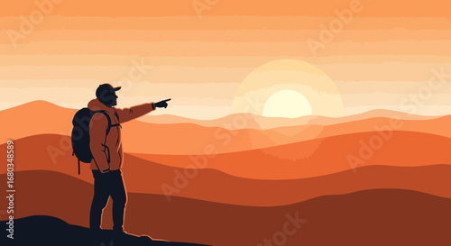 Adventurer Points At The Rising Sun While Hiking Amidst The Orange Mountains