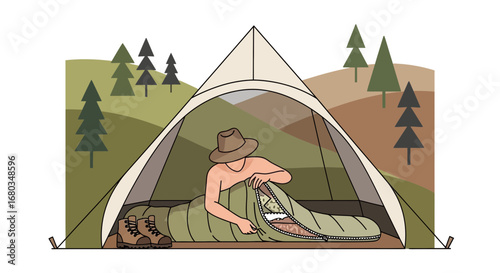 Adventurer Prepares Camping Gear Inside Tent In Picturesque Mountainous Landscape