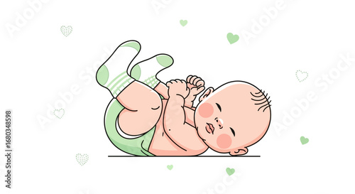 Adorable Infant Embracing Calmness: An Artistic Depiction with Green Accents and Charm