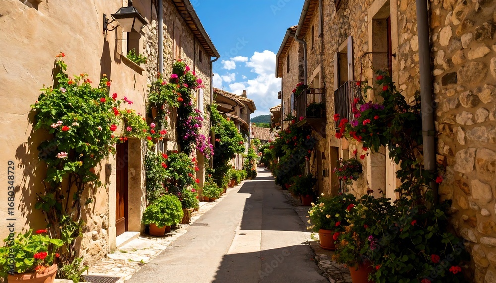 Fototapeta premium A sun-drenched alleyway lined with colorful flowers and stone buildings. A picturesque village scene