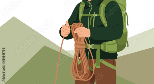 Adventurer Preparing Climbing Gear with Mountains Background and Rope Ready For Ascent