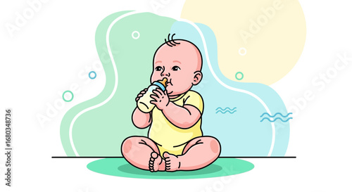 Adorable Infant Enjoying Bottle, Colorful Vector Illustration With Playful Background
