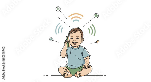 Adorable Infant Enjoying Communication Technology With Wireless Signals Illustration