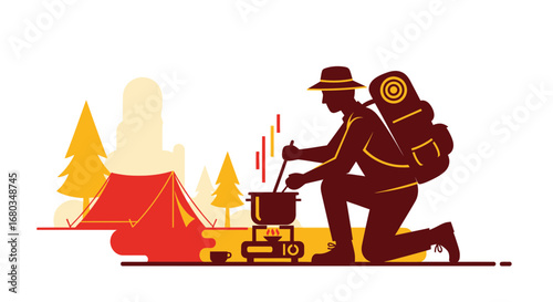 Adventurer Preparing Food while Camping in the Wilderness Near A Tent and Trees