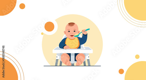 Adorable Infant Enjoying Mealtime in High Chair, Charming Illustration