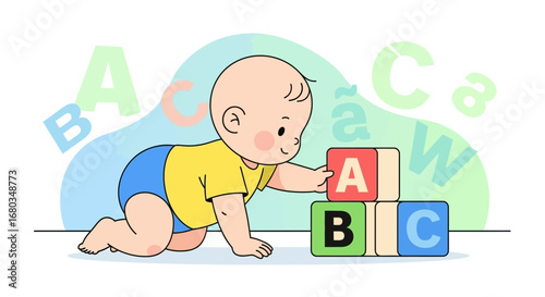 Adorable Infant Exploring Alphabet Blocks, Embracing Early Learning and Education Concepts