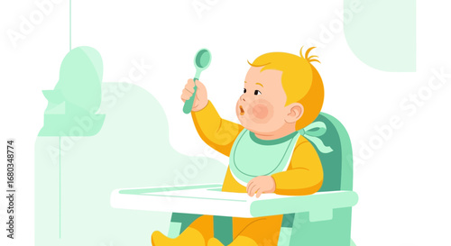 Adorable Infant Enthralled With Spoon While Occupying A Highchair, Ready To Eat Their Meal Now