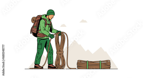 Adventurer Preparing For Climbing Expedition With The Necessary Rope and Equipment Ready