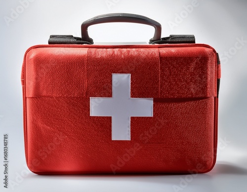 Essential red first aid kit with prominent white cross, ready for any emergency situation or medical supply needs