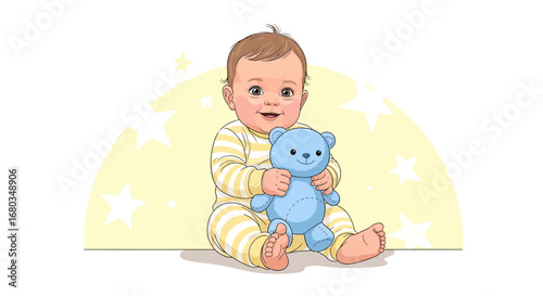 Adorable Infant Holding A Blue Teddy Bear In A Cheerful And Delightful Vector Illustration