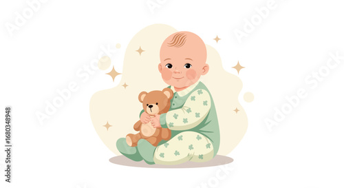 Adorable Infant Holding Teddy Bear in Cozy Attire Surrounded by Soft, Sparkling Accents