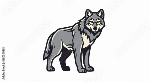 A majestic grey wolf standing alert with intense eyes and a thick coat.