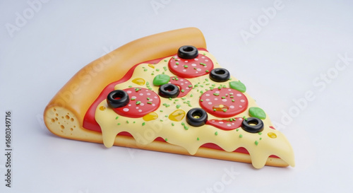 Delicious pepperoni pizza slice with melted cheese olives and basil for restaurant menu and food blog