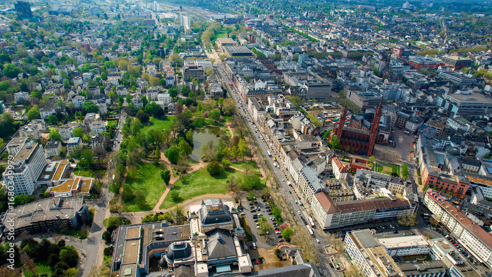 Obraz premium Aerial view around the old town of the city Wiesbaden, Germany ona sunny spring morning