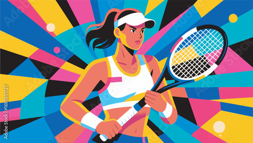 Illustration of Female Tennis Athlete in Pop Art Style Design Template with Colorful Background
