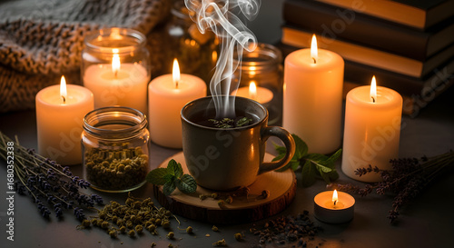 Cozy candlelight scene with steaming herbal tea, candles, and serene, relaxing atmosphere