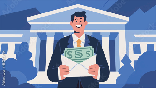 Illustration of A Smiling Office Worker Holding a Paycheck Design Template with Office Background