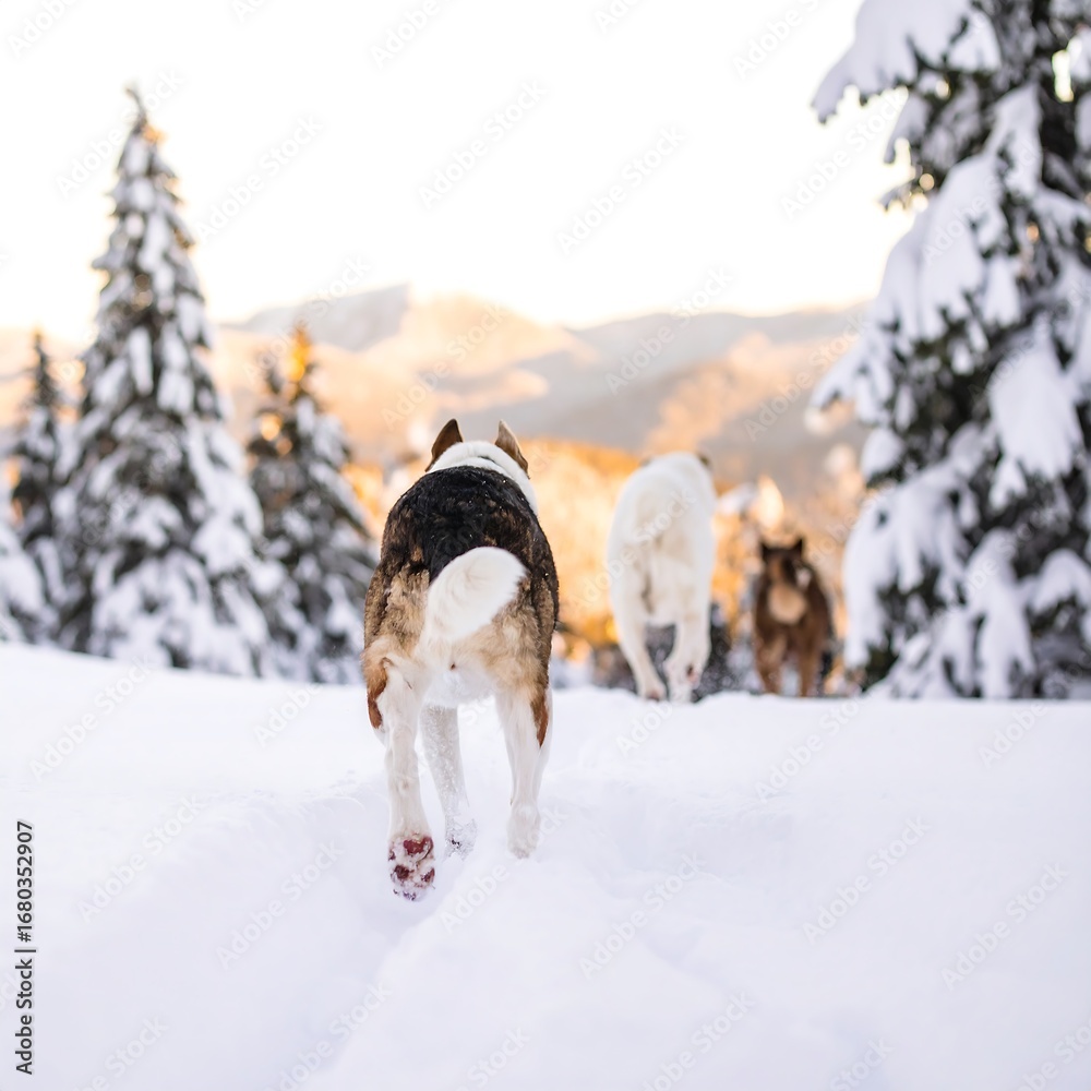 Naklejka premium Dogs running in snow-covered mountain landscape