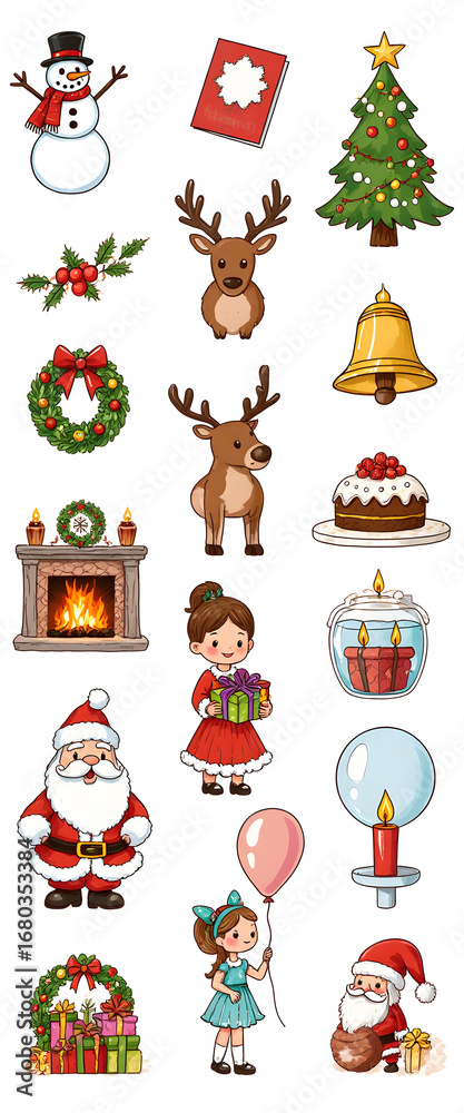 Fototapeta premium christmas icons set 크리스마스 아이콘 세트 풍선 요정 트리 산타 선물 케이크 