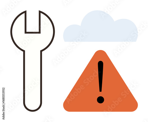 Wrench beside an orange warning triangle with exclamation mark under a cloud. Ideal for tools, troubleshooting, system alert, cloud errors, repair, maintenance, emergencies, simple flat metaphor