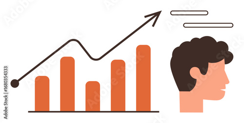 Rising bar chart with upward arrow next to human head, signifying growth, success, or strategy. Ideal for business, analytics, leadership, motivation, career development planning simple flat