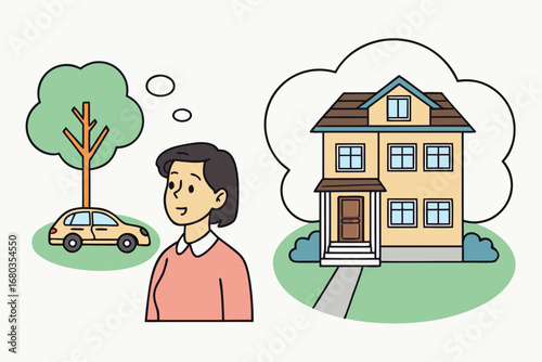 Vector art of woman dreaming about owning a house and a car, representing aspirations and future goals