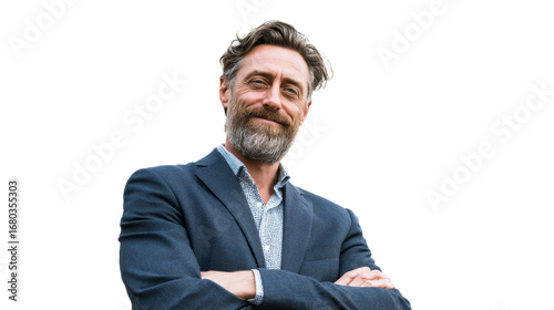 Confidant middle-aged man with grey beard wearing a suit jacket and patterned shirt folded arms, cut out transparent