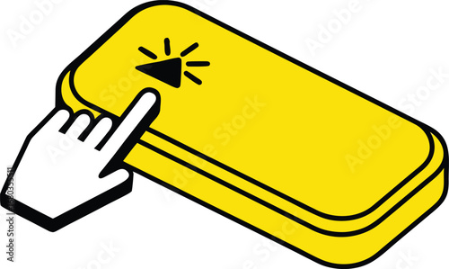 Vector art of finger pressing a yellow button with a play icon and radiating light