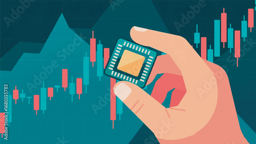 Illustration of Hand Holding a Chip Design Template with Graphic Background