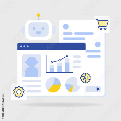 Flat illustration of AI chatbot on mobile chat screen with robot, gear, and 24h icons. Perfect for CRM automation and customer support concepts.