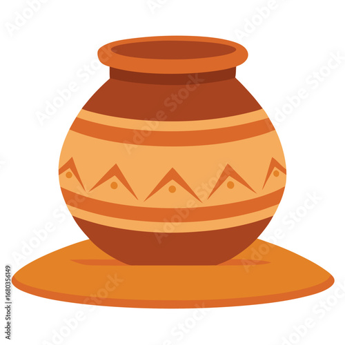 Rustic clay pot with ornamental bands sitting on sandy ground vector on white background.