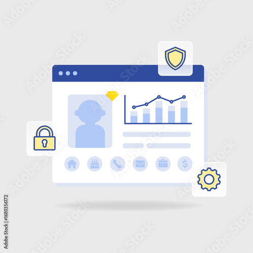 Flat illustration of CRM data security and privacy with shield, lock, gear, and customer profile dashboard. Suitable for secure business, finance, and technology projects.