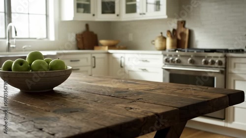 Wallpaper Mural Rustic Farmhouse Kitchen Table with Green Apples - A rustic wooden table sits in a contemporary farmhouse kitchen, featuring a bowl of green apples as a centerpiece. Torontodigital.ca