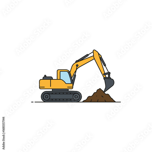A clean flat line art illustration features a vibrant yellow excavator actively digging a pile of brown earth, representing construction and heavy machinery work.