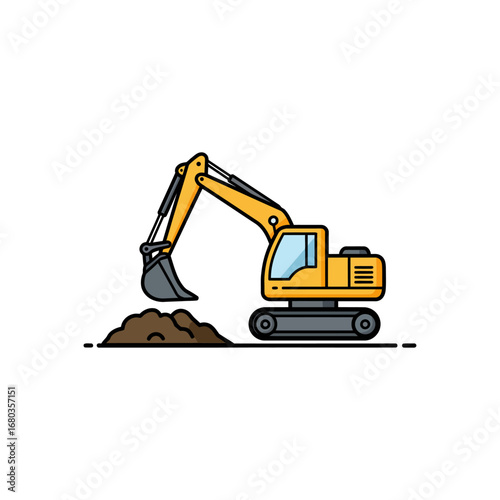 A vibrant yellow excavator, a powerful construction vehicle, is actively engaged in digging a pile of brown earth, showcasing heavy machinery at work.