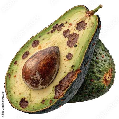 Spoiled avocado halves showing decay and damage, an example of food waste and spoilage for educational purposes
