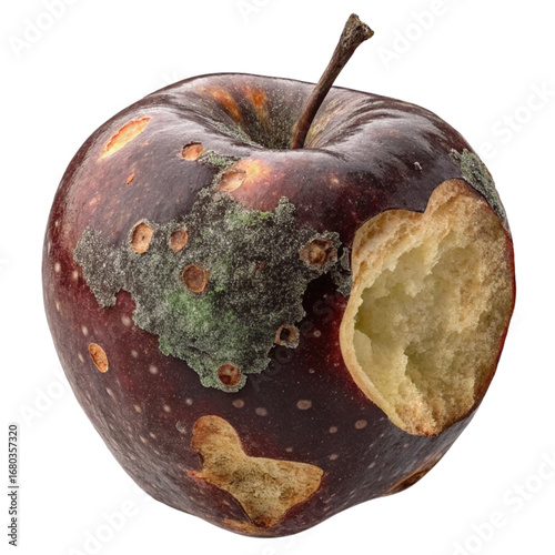 Decaying apple with mold and bite marks, a metaphor for decline, decay, and the inevitable passage of time, perfect for concept art