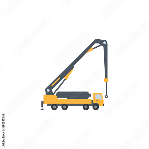 A yellow concrete pump truck, essential heavy machinery for modern construction and building projects, is depicted in a clean, flat design illustration.