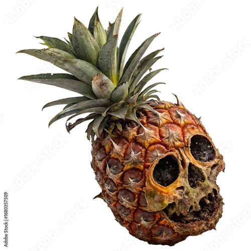 Creepy pineapple fruit carved into a skull for Halloween, a bizarre creative concept, spooky and perfect for unique designs