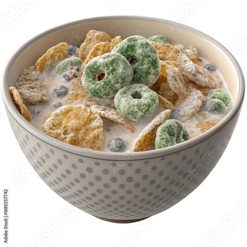 Whimsical bowl of sugary cereal with frosted green loops and blueberries in creamy milk for a fun and delicious breakfast treat