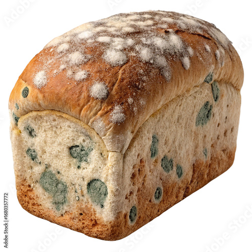 Moldy loaf of bread with green and white spores, food spoilage concept for health, food safety, and science education resources