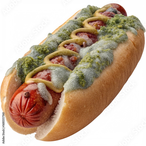 Delicious hotdog topped with mustard and guacamole ready to eat, tempting taste of summer barbecue, street food delight, tasty snack